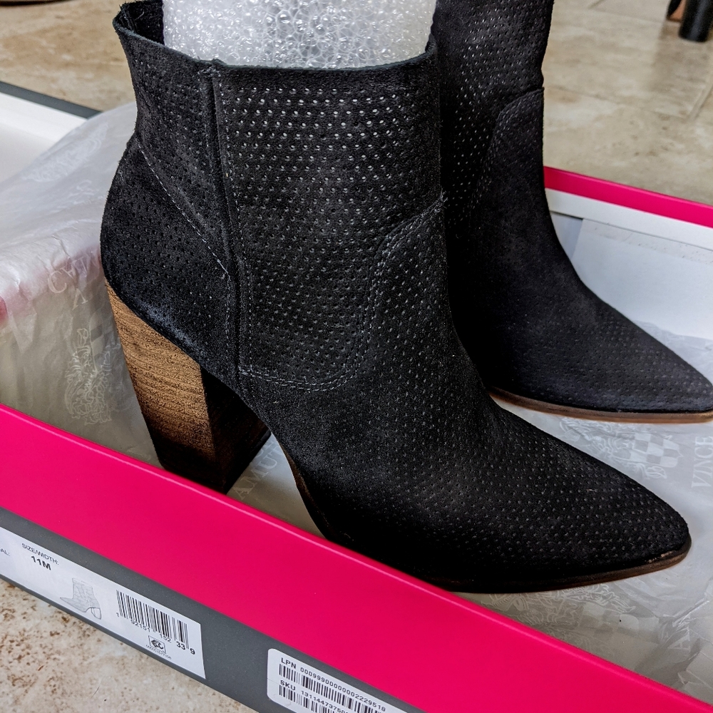Vince Camuto Cava Suede Heel Ankle Booties Black pointed toe boots shoes